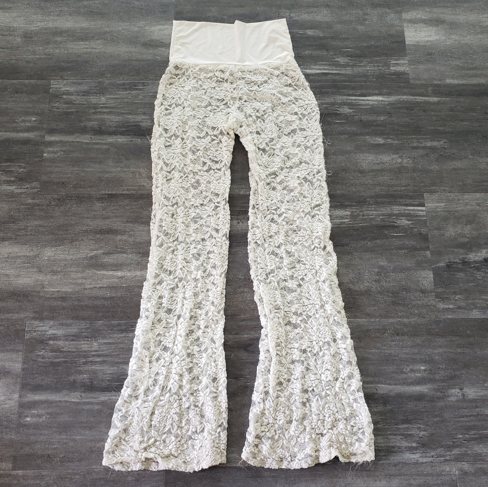 White Lace Detailed High Waisted Flare Pant - Picture 2 of 6